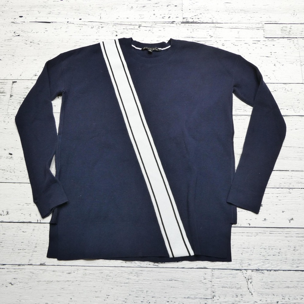 Athleta Sweater‎ Womens XS Stripe Crewneck Pullover Cotton Blend Navy Blue White